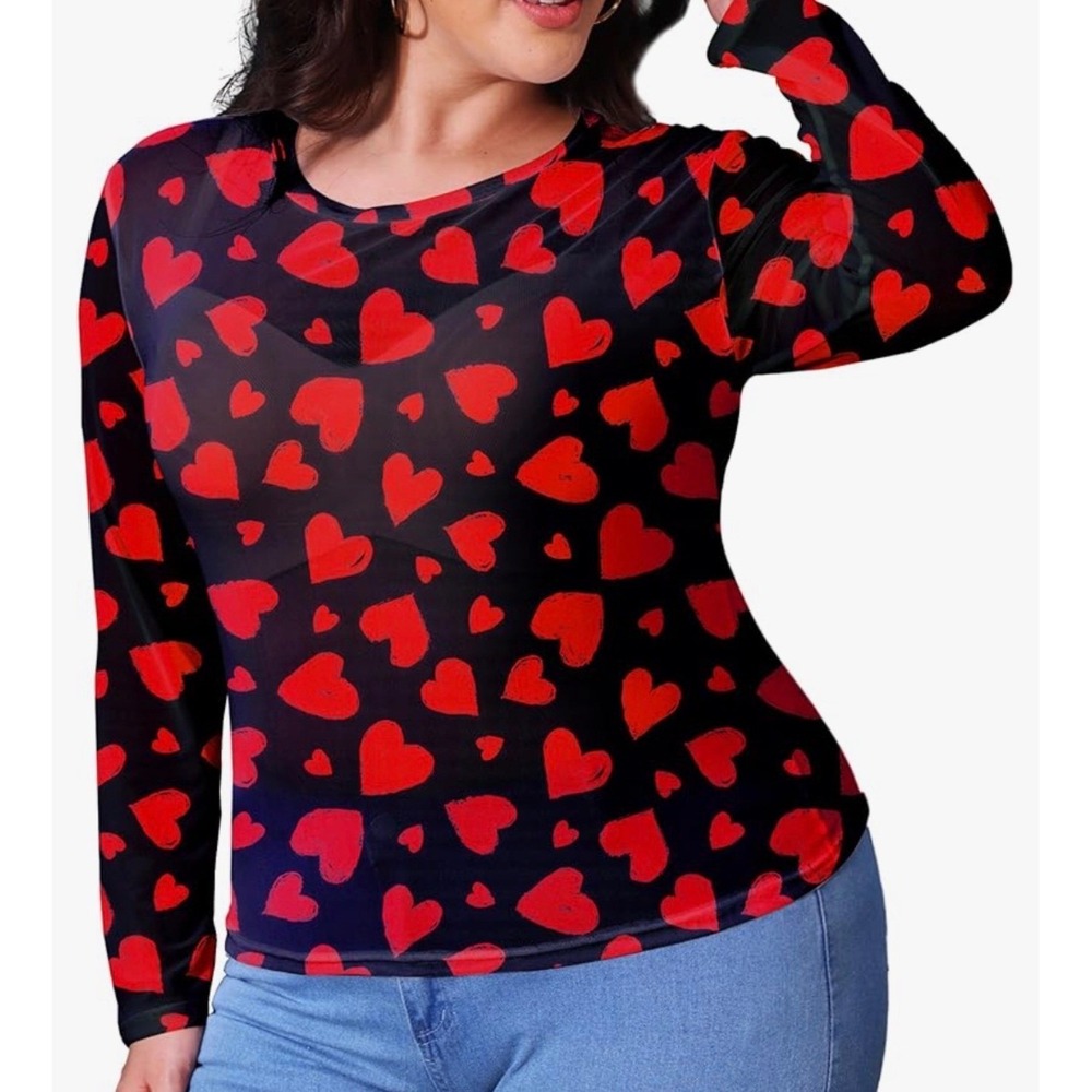 Roshop Women Red Heart Print Long Sleeve Blouse Black Ruffle Bell Sleeve Top NEW